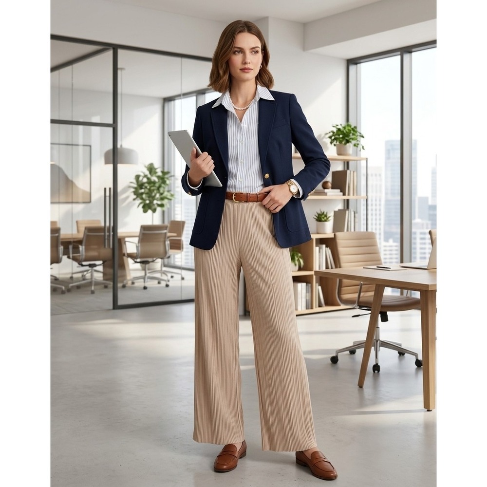 Pure Jill Elements Womens Medium Beige Crinkle Viscose Blend Wide Leg Pants